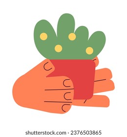 Potted plant holding cartoon character hands illustration. Bush pot 2D vector image isolated on white background. Gardener hands flowerpot. Handing over potted shrub editable flat clipart color