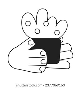 Potted plant holding cartoon hands outline illustration. Bush pot 2D isolated black and white vector image. Gardener hands flowerpot. Handing over potted shrub flat monochromatic drawing clip art