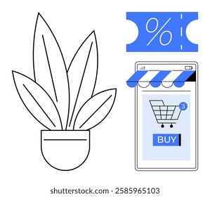 Potted plant icon beside a smartphone screen showing online shopping cart and BUY button. Percentage discount coupon at the top. Ideal for e-commerce, online shopping, discounts, mobile apps