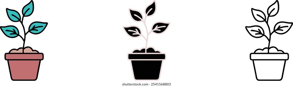 Potted Plant Icon Set, Color, Black, Line Art