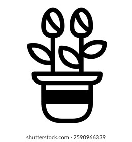 Potted plant icon with two flowers. Black and white vector illustration, perfect for gardening, nature, and home decor themes. Clean and minimalist design.