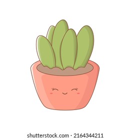 Potted plant with kawaii face. Colourful cartoon house plant with funny face. Vector illustration isolated on white background