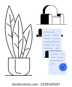 Potted plant with large leaves, a cozy armchair, and a long to-do list with a checkmark. Ideal for home organization, relaxation, productivity, modern interiors, and minimalist decor. Flat vector