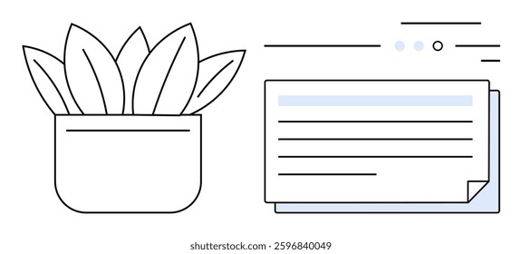 Potted plant with layered document sheets. Ideal for office decor, productivity, organization, minimalism, eco-friendly designs, home office setups, work-life balance themes. Line metaphor