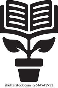 A potted plant with leaves blooms into an open book.
