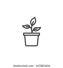 Potted Plant With Leaves Line Icon. Linear Style Sign For Mobile Concept And Web Design. Plant In Flower Pot Outline Vector Icon. Symbol, Logo Illustration. Vector Graphics