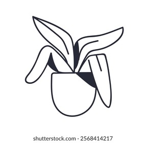 Potted plant in line art style. Outline contoured leaf houseplant. Home flora growing in flowerpot. Lineart leaves in planter, greenery. Linear flat vector illustration isolated on white background