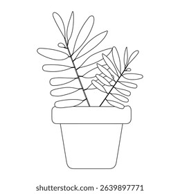 Potted plant line art,plant in pot outline vector, Modern Line Art Potted Plant with Abstract Shapes on White Background