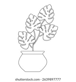 Potted plant line art,plant in pot outline vector, Modern Line Art Potted Plant with Abstract Shapes on White Background