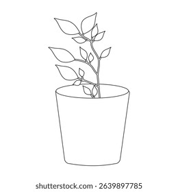 Potted plant line art,plant in pot outline vector, Modern Line Art Potted Plant with Abstract Shapes on White Background