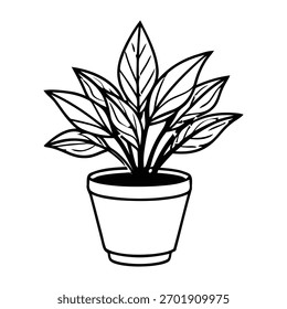 Potted Plant Line Drawing Vector Illustration in Black and White Featuring Elongated Leaves for Botanical and Design Use