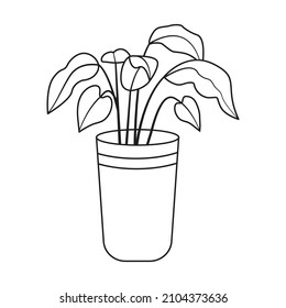 Potted plant in linear drawing style. House plant in pot or planter. Vector illustration isolated on white background