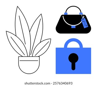 Potted plant with long leaves in black and white, black purse with blue tag, and blue locked padlock. Ideal for nature, finance, shopping, security, and minimalistic design. Simple, modern, clean