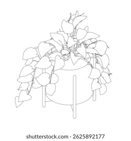 Uma planta em vaso com uma haste longa está sentada em um pedestal. A planta é um tipo de hera e está em um vaso branco. A imagem tem um clima calmo e tranquilo