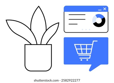 Potted plant next to a data analytics chart and e-commerce cart icons. Ideal for tech growth, digital marketing, online shopping, business analytics, e-commerce, market research, home decor. Line