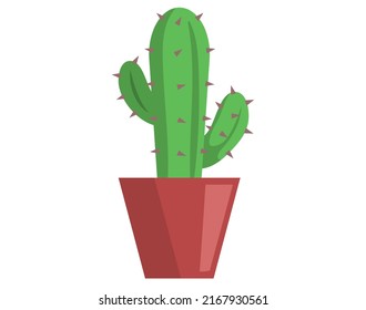 Potted plant for office or house interior. Small cactus with thorns in ceramic container. Houseplant in red flowerpot for home decoration. Natural design element, indoor plant vector illustration