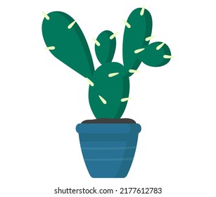 Potted plant for office or house interior. Small cactus with thorns in ceramic container. Houseplant in blue flowerpot for home decoration. Natural design element, indoor plant vector illustration