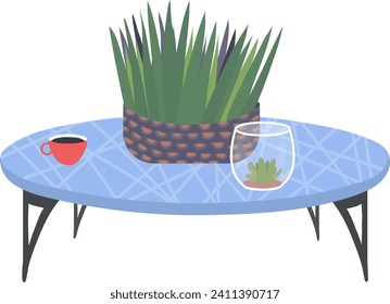 Potted plant on a blue coffee table with a red cup and glass terrarium. Cozy interior design elements vector illustration.