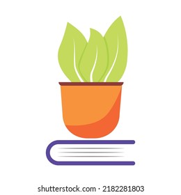 Potted Plant On Book Semi Flat Color Vector Object. Houseplant Growing. Full Sized Item On White. Domestic Garden Simple Cartoon Style Illustration For Web Graphic Design And Animation