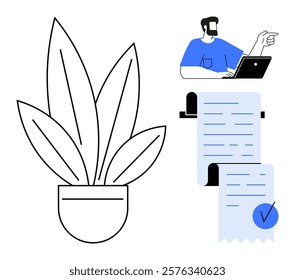 Potted plant on left, man working on laptop on right, two invoices below in white and blue colours. Ideal for remote work, home office setup, financial management, productivity, minimalism. Simple