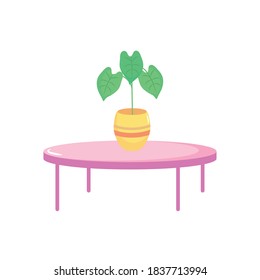 Potted Plant On Round Table Decoration Interior Vector Illustration