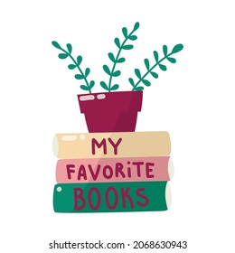 A potted plant on a stack of books. Vector illustration.