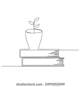 una planta en macetas en una pila de libros. Mesa de espacio de trabajo con concepto de pila de libros. Ilustración de diseño de dibujo de línea simple continua