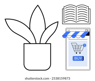 Potted plant, an open book, and smartphone screen showcasing online shopping cart with buy button and notifications. Minimalist design. Ideal for gardening, e-commerce, digital reading, technology