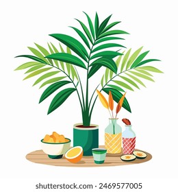 a potted plant, a plate of fruit and a bottle of lemonade