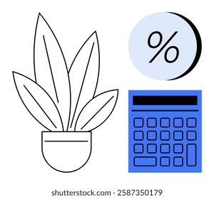 Potted plant representing growth alongside a blue calculator and percentage symbol. Ideal for financial planning, investment strategies, business growth, office decor, education, budget management