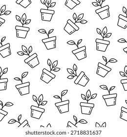 Fondo de patrón transparente de planta en maceta con estilo lineal. Planta en maceta línea simple Fondo de pantalla 