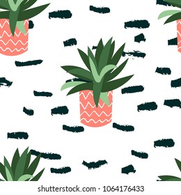 potted plant seamless pattern with grunge strokes. vector print. Abstract painting with ink element in memphis style. Hand drawn paint brushes tropical background .