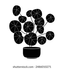 Potted plant silhouette icon. Black color indoor houseplant in a flowerpot. Botanical floral element in a pot for home decor. Flat monochrome vector illustration isolated on white background.