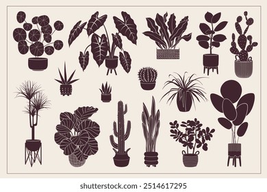 Potted plant silhouette icon set. Indoor house plants in flowerpots. Doodle sketch home flowers in pots for home decor. Botanical vector illustration for cards, banners, web design, and posters.