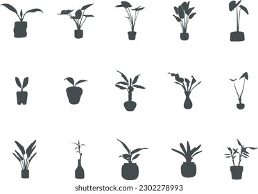 Potted plant silhouette, Potted tree silhouette, Indoor plant silhouette,  Potted plan vector illustration.