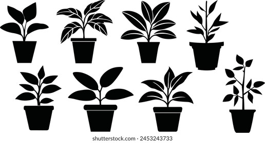 Potted plant silhouettes set. Plants in pots vector illustrations.