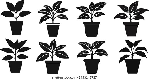 Conjunto de siluetas de plantas en maceta. Plantas en macetas Ilustraciones vectoriales.