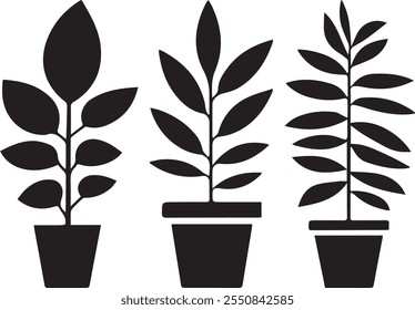 Potted plant silhouettes set, plants silhouette, Plants in pots vector, flower, flowerpot