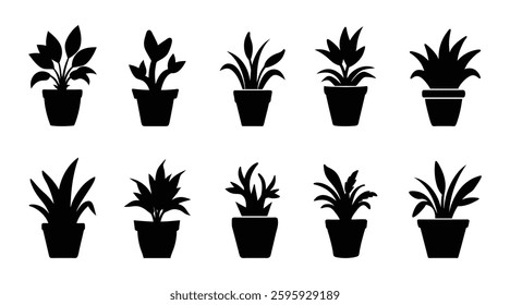 Potted Plant Silhouettes Vector Set - Indoor, Leaf, Nature, Botanical Icons made by adobe illustrator