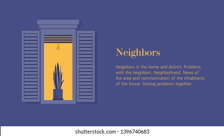 A potted plant stands in an open window. View of the facade of the house with the lights on at night. Neighborhood. Horizontal banner with text. Vector flat illustration