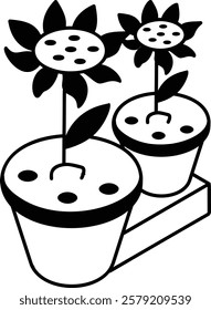potted plant with sunlight and without sunlight isometric outline concept, improving plant growth vector icon design, Lawn and Gardening symbol, Farm and Plant sign agriculture  horticulture equipment