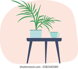 Potted Plant and Tea Cup on Wooden Table 