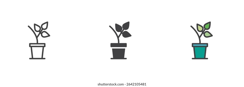 Potted plant with three upward leaves in line, solid and filled outline icon styles. Leafy indoor plant symbol in a vector icon pack.