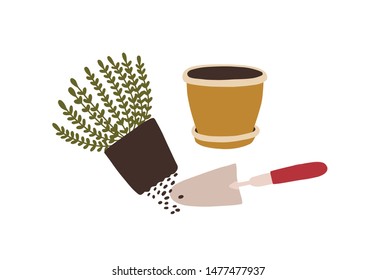 Potted plant transplantation. Trowel, pot and seedling growing in soil isolated on white background. Houseplant cultivation, home gardening, horticulture. Flat cartoon colorful vector illustration.