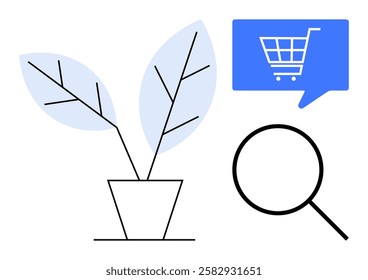 Potted plant with two leaves, shopping cart symbol in blue speech bubble, and magnifying glass. Ideal for online shopping, e-commerce, search functionality, business growth, retail marketing, digital