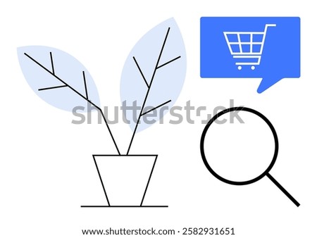 Potted plant with two leaves, shopping cart symbol in blue speech bubble, and magnifying glass. Ideal for online shopping, e-commerce, search functionality, business growth, retail marketing, digital