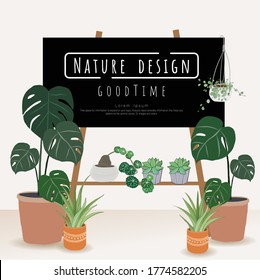Potted plants with Black board for writing messages, Indoor and outdoor landscape garden potted plants isolated on white, Vector set green plant in the pot.
