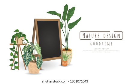 Potted plants and Black board for writing messages on white background, isolated objects,  message area, Hand drawn, Vector drawn illustrations.