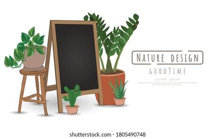 Potted Plants With Black Board For Writing Messages, Indoor And Outdoor Landscape Garden Potted Plants Isolated On White, Vector Set Green Plant In The Pot.