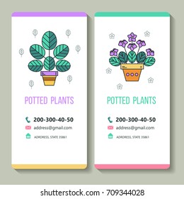 Potted plants. Business cards. Vector illustration. Isolated on a white background.